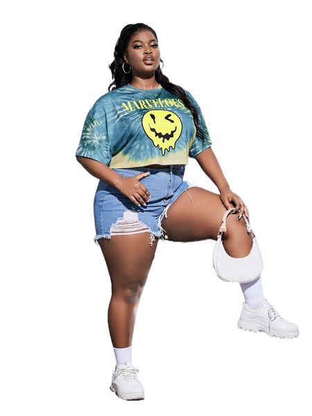 

plus letter & cartoon face print tie dye drop shoulder tee 27na#, Black