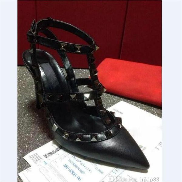 

brand v black pink red nude pumps pointed toe t-strap stiletto heels shoes studded rivets women high heels party dress sandals wed233o