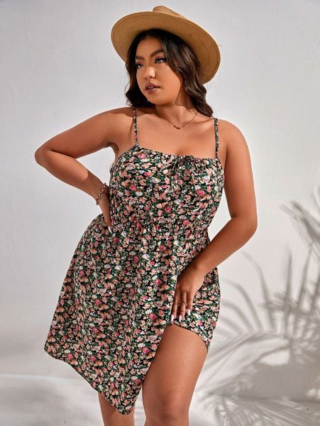 

plus ditsy floral knot cami dress x95e#, Black