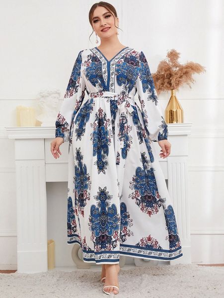 

plus damask & paisley print lantern sleeve belted dress z80y#, Black