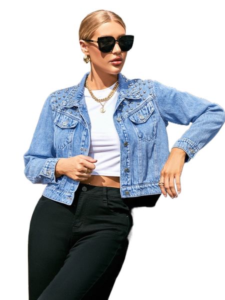 

studded detail flap pocket denim jacket 95dc#, Black;brown