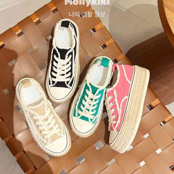 

dress shoes korean version net red shoes thick soled raised fisherman canvas women's small fragrant wind hemp rope cloth biscuit white, Black