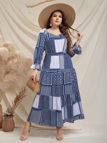 

plus patchwork flounce sleeve sweetheart neck ruffle hem dress t0bi#, Black