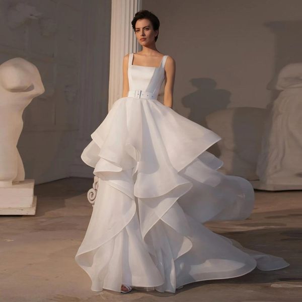 

charming ruffled wedding dresses square neckline bridal gowns sleeveless a line sweep train organza beach robe de mariee, White