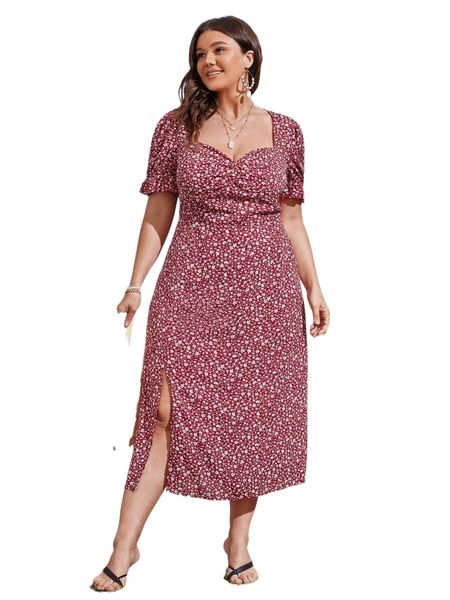 

plus ditsy floral ruched bust split thigh dress j1aa#, Black
