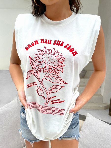 

mock neck padded shoulder slogan and sunflower print t4eq#, White