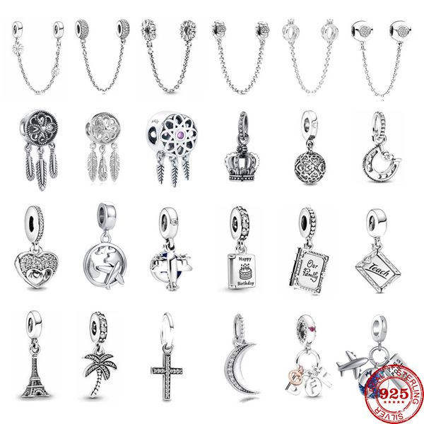 925 STERLING Gümüş Dangle Charm Uçak Kitabı Çapraz Taç Ağacı Kolye Diy İnce Boncuklar Boncuk Fit Pandora Charms Bilezik Diy Takı Aksesuarları