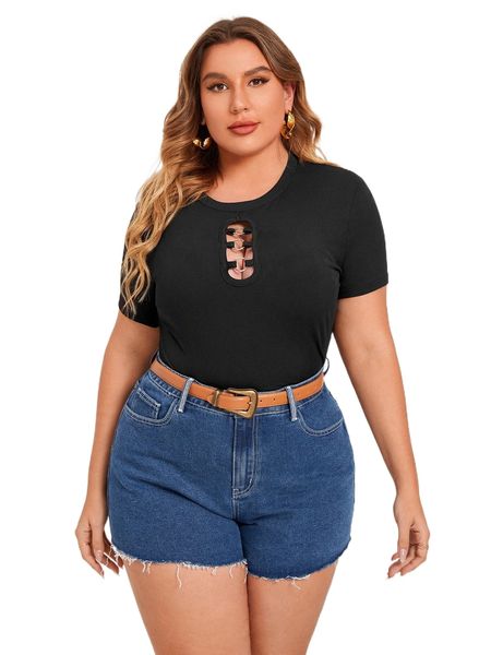 

plus ring detail rib knit tee o05b#, Black