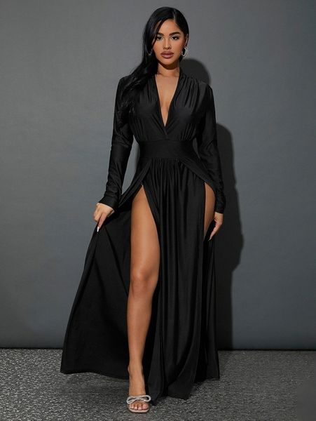 

sxy plunging neck slit thigh dress b6df#, Black;gray