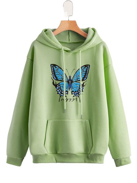 

japanese letter & butterfly print drop shoulder drawstring thermal hoodie j8zx#, Black