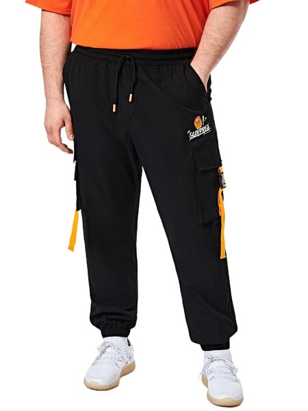 

extended sizes men cartoon face & letter graphic buckle flap pocket cargo pants s3lm#, Black