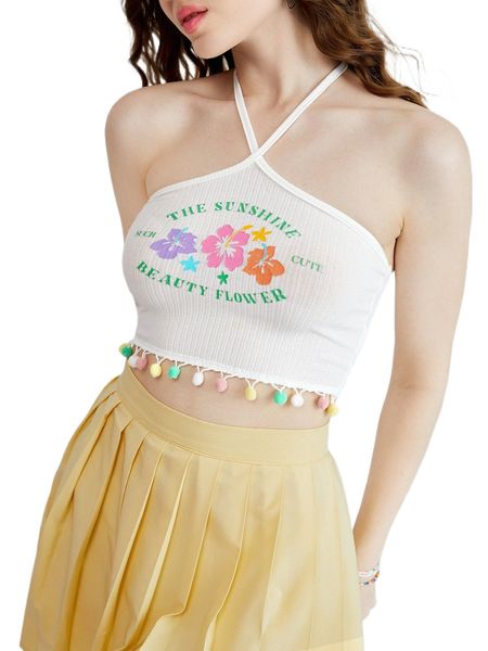 

floral print pom pom hem tie backless halter p3y2#, White