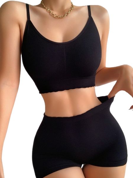 

seamless scallop trim lingerie set 03fj#, Black;red