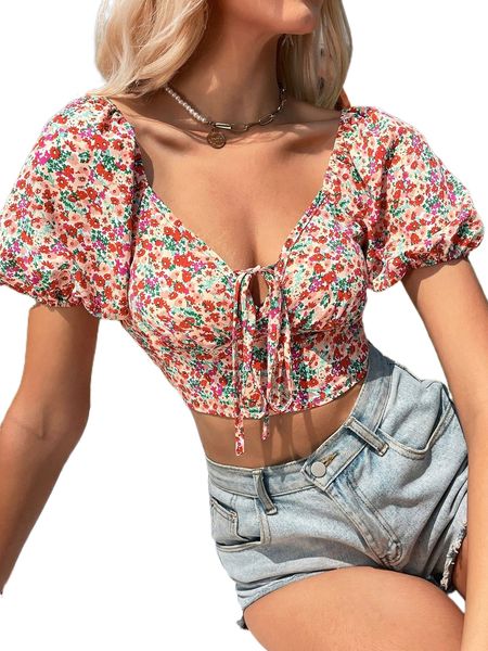 

ditsy floral tie front puff sleeve shirred back blouse j36q#, White
