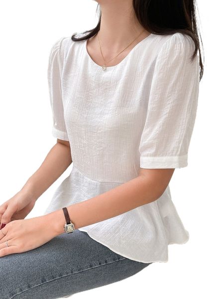

dazy puff sleeve solid peplum blouse 10gw#, White
