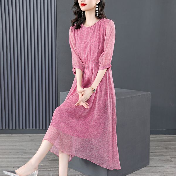 8699 # YM Novo Verão Mulheres Vestidos Casuais Gola Redonda Meia Manga Impressão Senhoras Soltas Moda Vestido Rosa M-XXXL