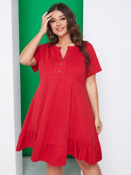 

plus notch neck ruffle hem dress f3o0#, Black