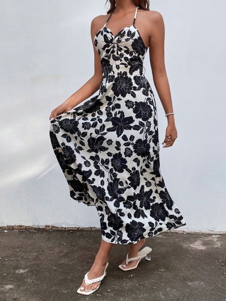 

twist front floral cami dress u2lr#, Black;gray