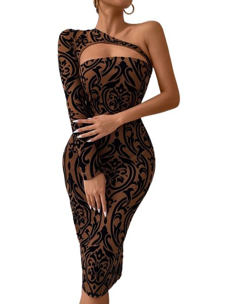 

baroque print one shoulder cut out bodycon dress z4uk#, Black;gray