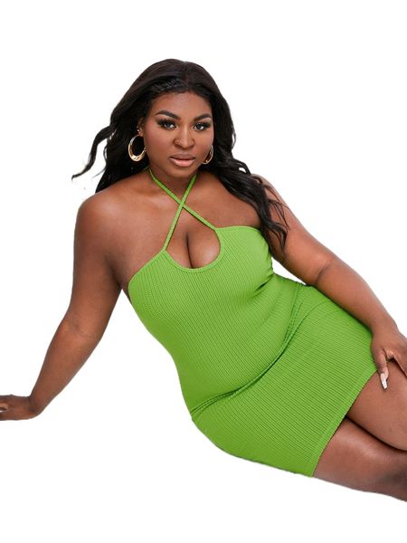 

sxy plus crisscross tie backless halter bodycon dress d755#, Black