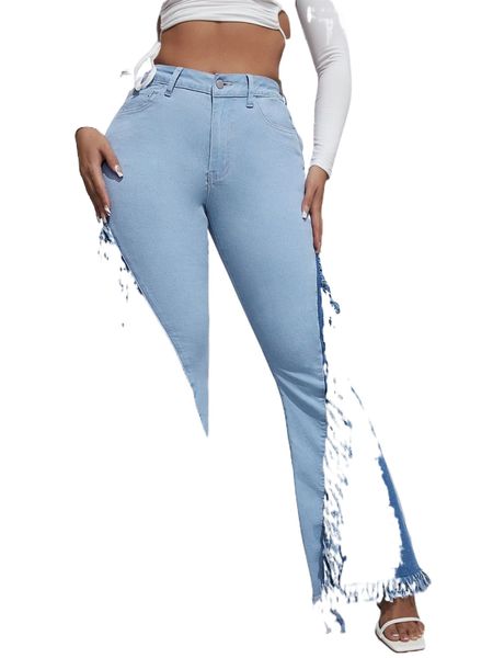 

sxy fringe trim panel flared leg jeans y2dk#, Blue