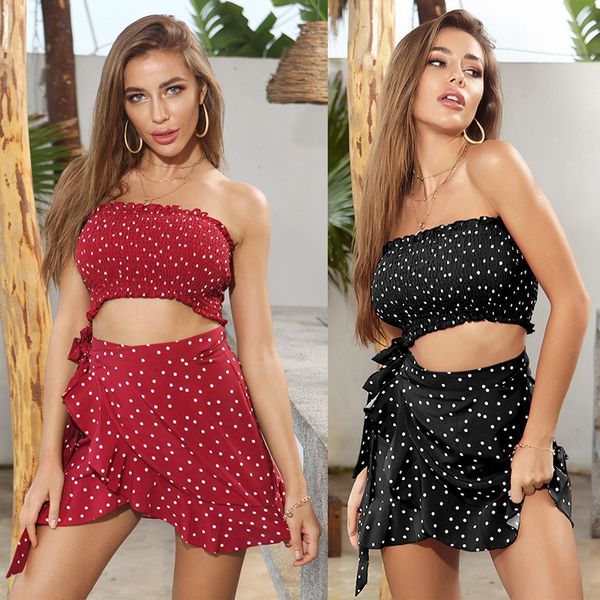 

polka dot print shirred tube crop & ruffle layered hem skirt set r7n4#, White