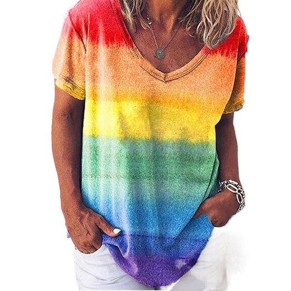 

cross-border european and american women's 2021 amazon summer new digital printing rainbow short sleeve v-neck t-shirt n3ww#, White
