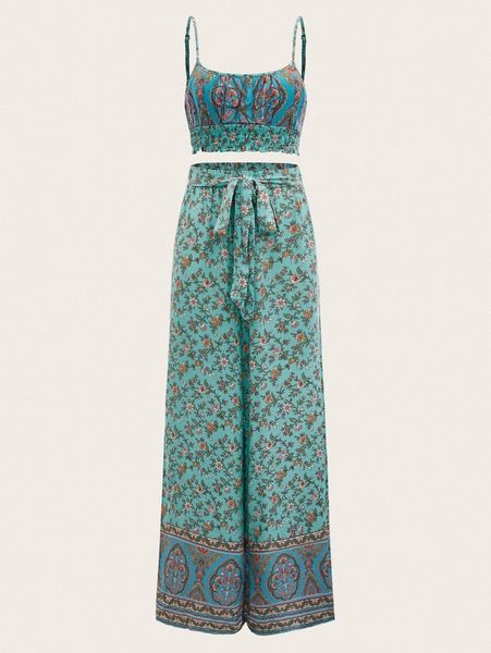 

floral print shirred hem cami and belted pants set 252d#, White