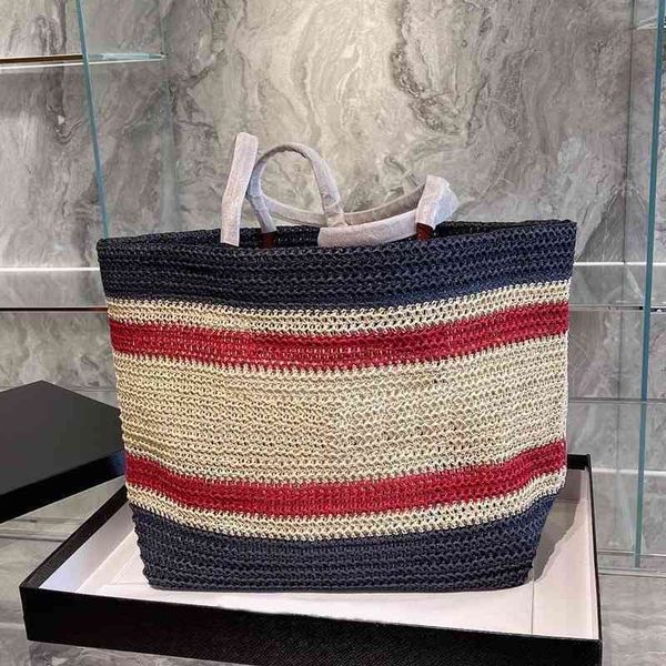 

designer straw tote bags women summer handbag stripe leather luxury vacation crossbody-bag female shopping bucket 220406