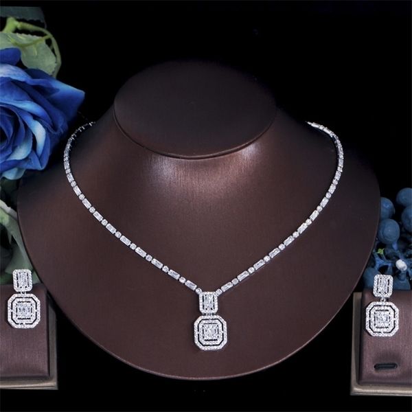 

threegraces geometric square earrings necklace shiny cubic zirconia crystal fashion jewelry set for women party gift tz651 220716, Silver