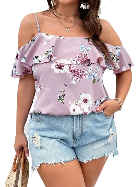 

plus floral print cold shoulder blouse r4zy#, Black