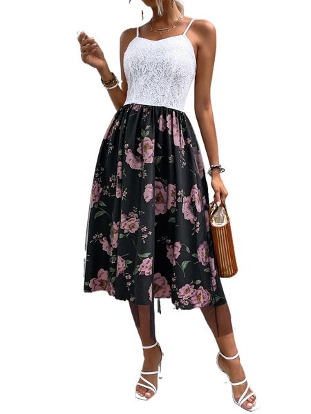

floral print contrast guipure lace mesh hem cami dress h4kx#, Black;gray