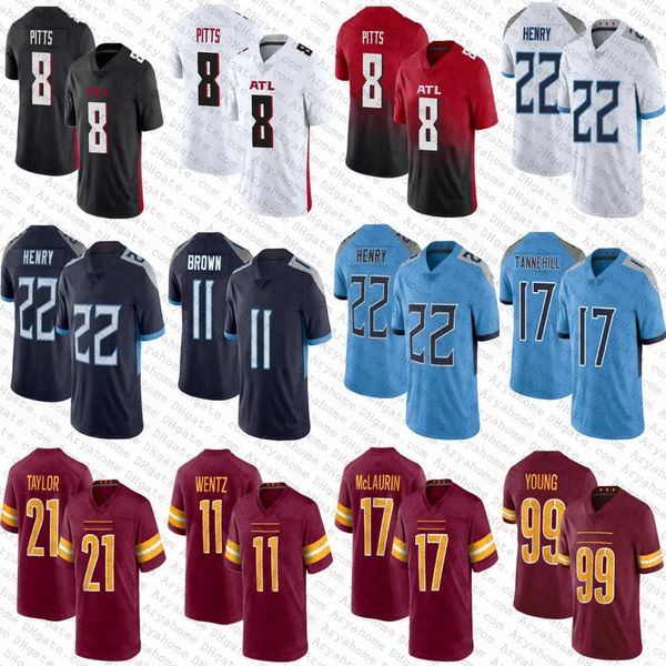 

22 derrick henry 8 kyle pitts 11 carson wentz falcon football jerseys 11 aj brown titanes ryan tannehill 99 chase young terry mclaurin, Black
