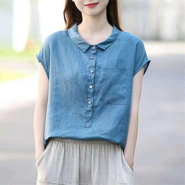 

summer women shirt plus size peter pan collar loose casual short sleeve shirts solid cotton vintage blouse female linen d117 210226, Black;gray