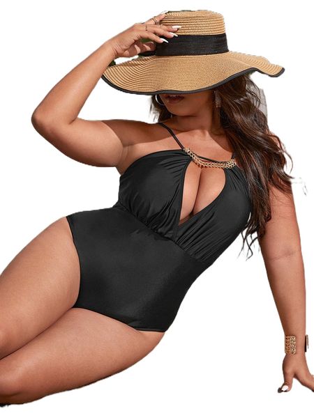 

plus cut out chain detail one piece swimsuit q84d#, White;black