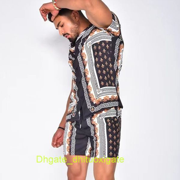 

casual men's shirts luxury men tracksuits hawaiian fashion sets printing short sleeve button shirt summer beach shorts tees streetwear, White;black
