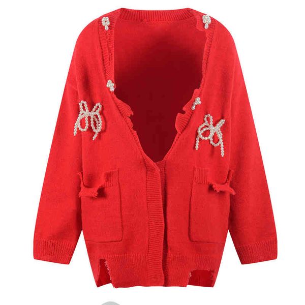 

women's knits tees early spring women's wear pearl bow v-neck sweater cardigan loose hole tassel coat xc1f, White