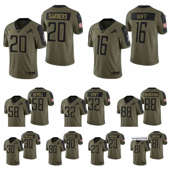 

detroit men women youth lion 20 barry sanders 16 jared goff dandre swift t.j. hockenson penei sewell frank ragnow olive 2021 salute to', Black