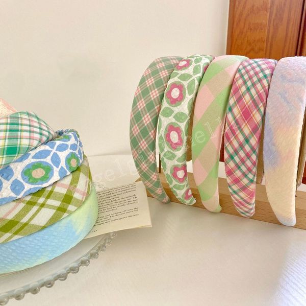 

sweet fresh flower print wide headband korean hair band summer plaid printed for women girls hair hoop fashion hair accessories, Slivery;white