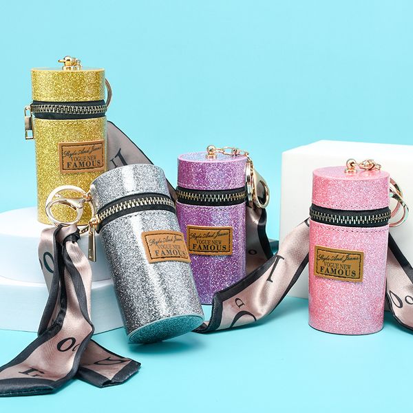 

luxury leather keyring ring bucket lipstick storage bag silk scarf keychain holder portable personality charm pendant women accessories fash, Slivery;golden