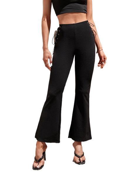 

solid lace up side flare leg pants c0zg#, Black;white