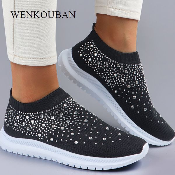 

summer sneakers women flat shoes crystal fashion bling sneakers casual slip on sock trainers ladies vulcanize shoes basket femme 220722, Black;white