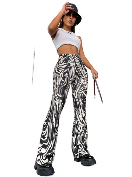 

x anitta marble print flare leg pants o2dl#, Black;white