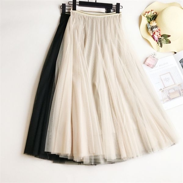 

summer mesh women pleated skirt solid high waist a line tulle s chic long maxi tutu holiday beach 220322, Black
