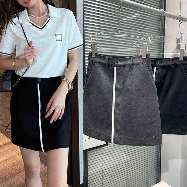 

spring and summer ol temperament triumphal arch embroidery white edge contrast color suit skirt versatile short gray, Black