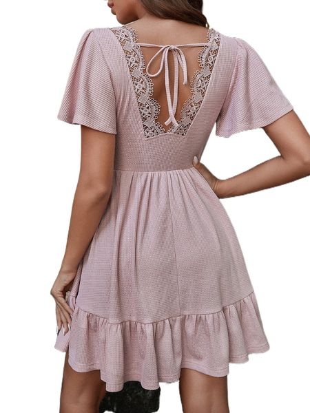

contrast lace tie back ruffle hem dress z6uf#, Black;gray