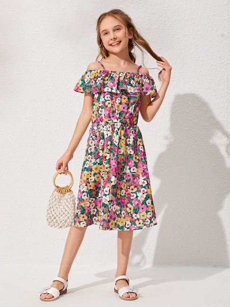 

girls cold shoulder allover floral print ruffle & skirt set she, White
