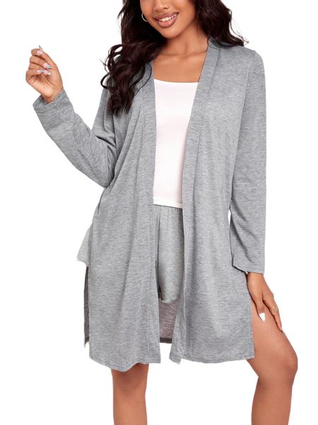 

split hem open front lounge robe h2tv#, Black;red