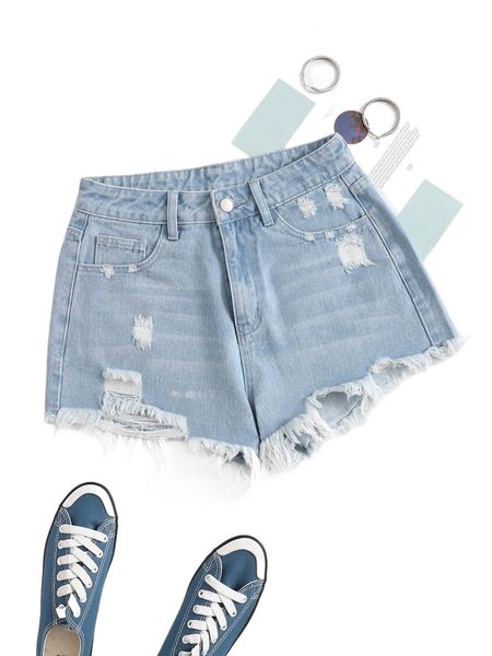 

high waist ripped frayed hem denim shorts m4re#, White;black