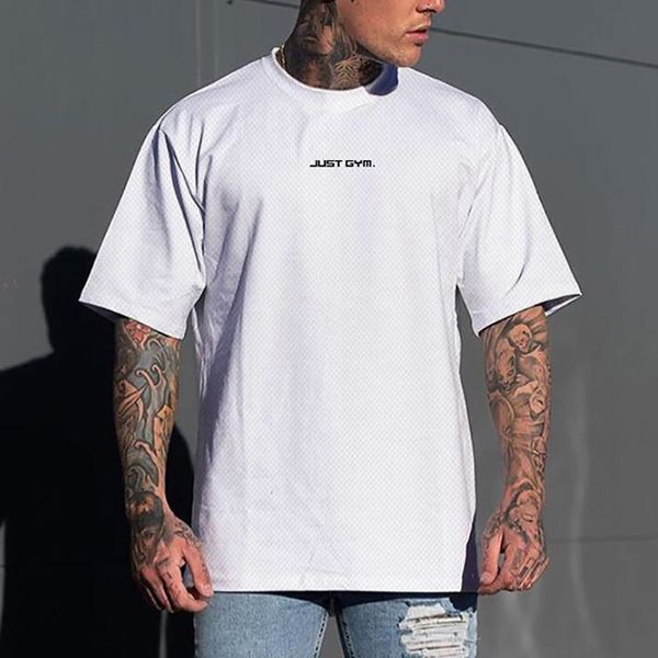 

muscleguys gym clothing mesh fitness mens oversized t shirt outdoor hip hop streetwear loose half sleeve bodybuilding tshirt220622, White;black